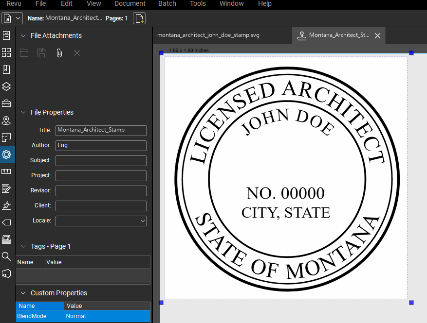 Montana Architect stamp applied to a PDF drawing in Bluebeam Revu