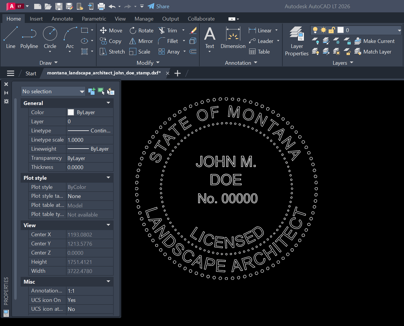 Montana Landscape Architect stamp DXF opened in AutoCAD