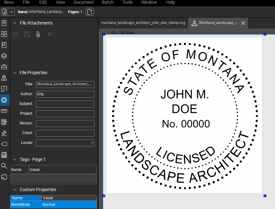 Montana Landscape Architect stamp applied to a PDF drawing in Bluebeam Revu