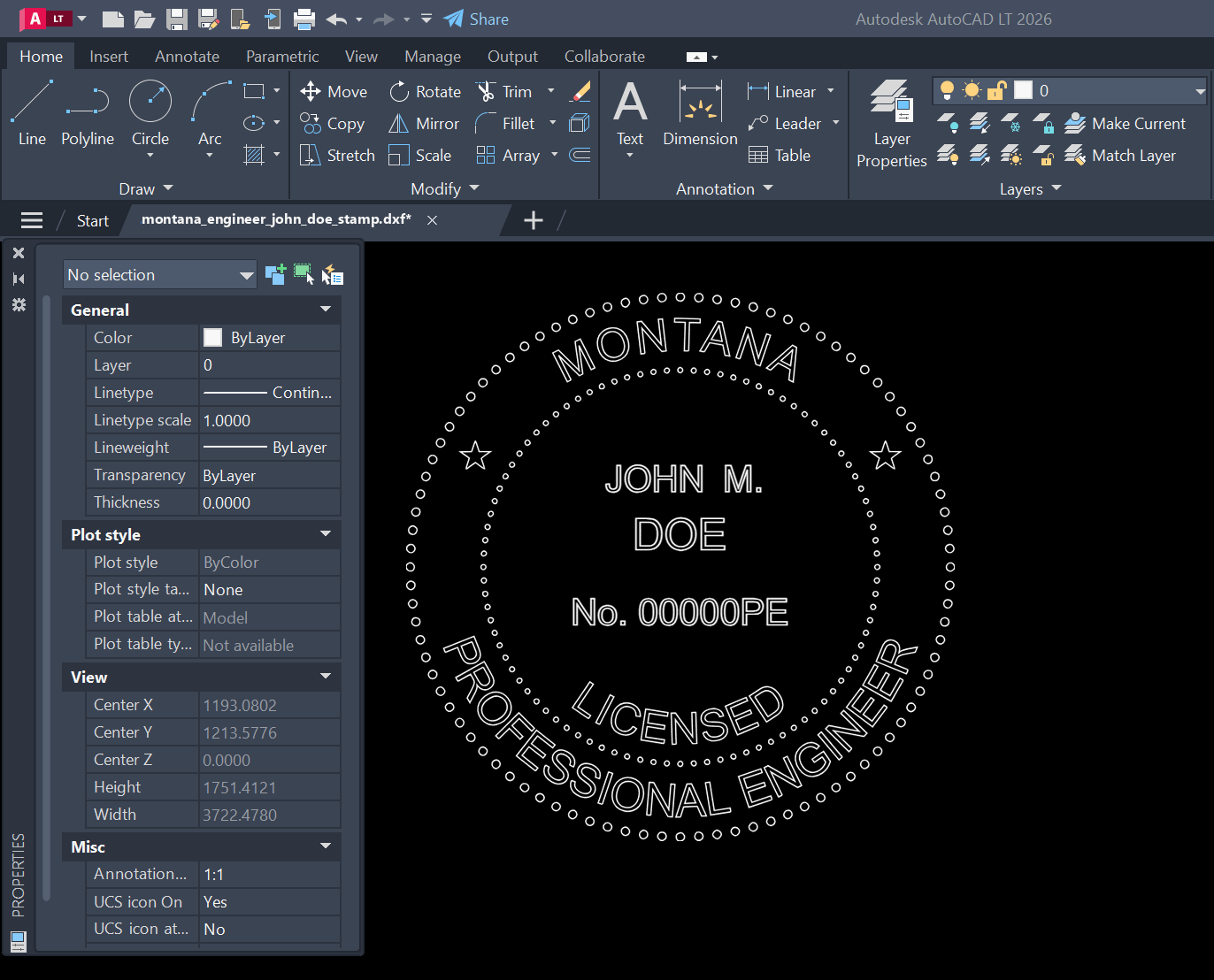 Montana PE stamp DXF opened in AutoCAD