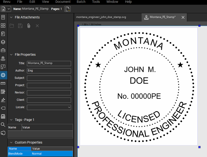 Montana PE stamp applied to a PDF drawing in Bluebeam Revu