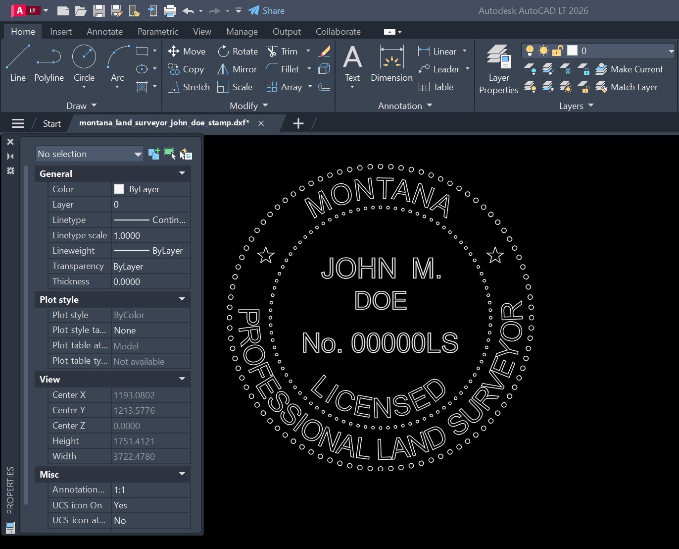 Montana Land Surveyor stamp DXF opened in AutoCAD
