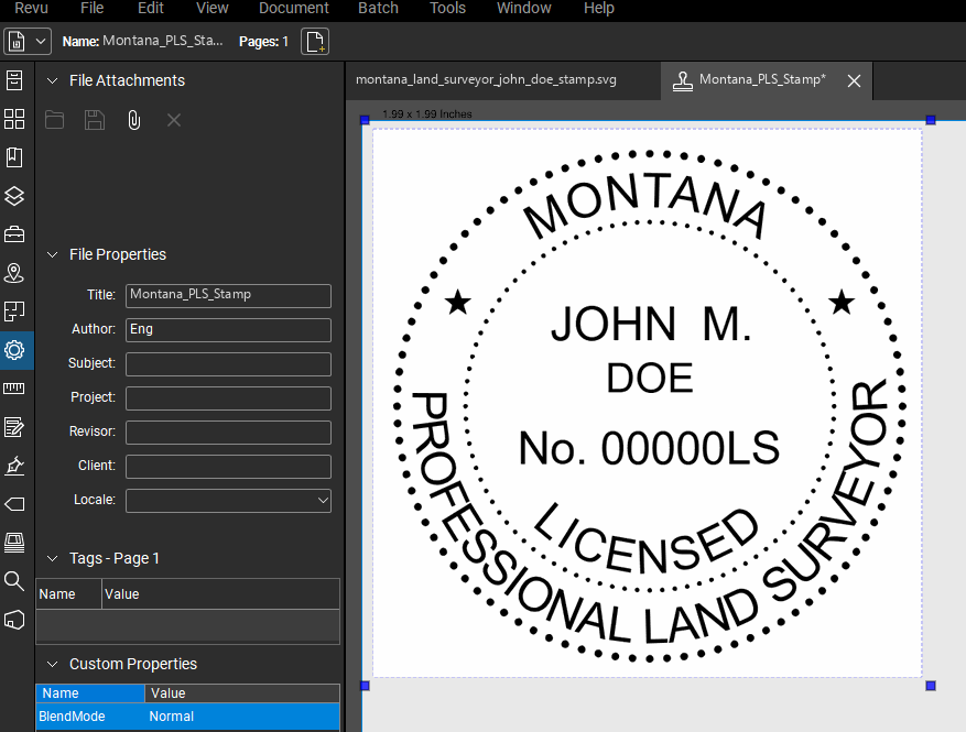 Montana Land Surveyor stamp applied to a PDF drawing in Bluebeam Revu