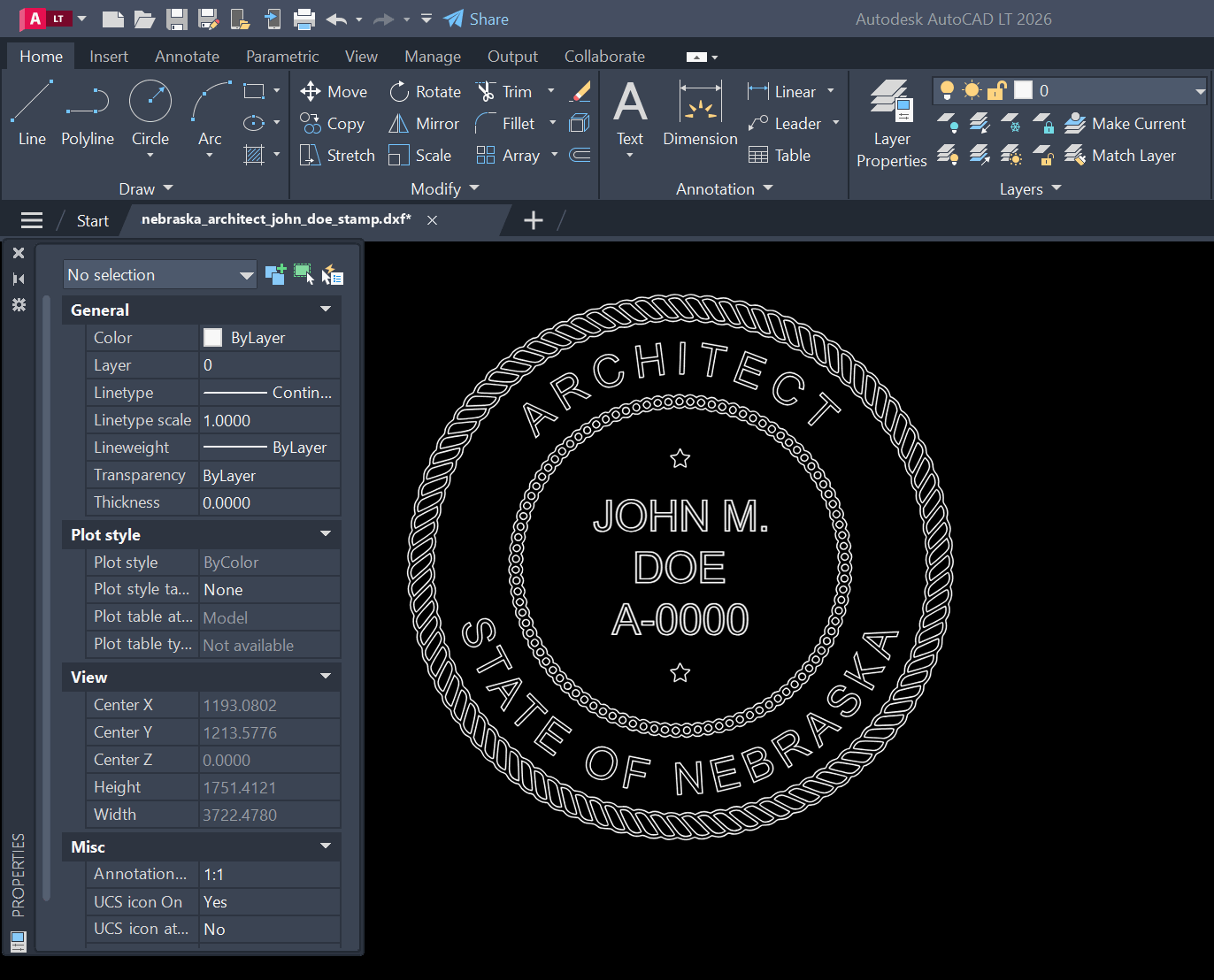 Nebraska Architect stamp DXF opened in AutoCAD
