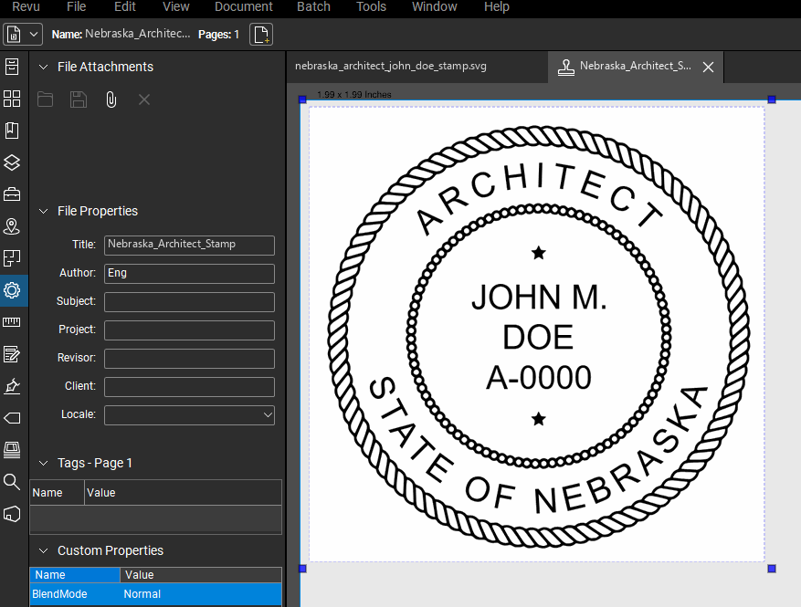 Nebraska Architect stamp applied to a PDF drawing in Bluebeam Revu
