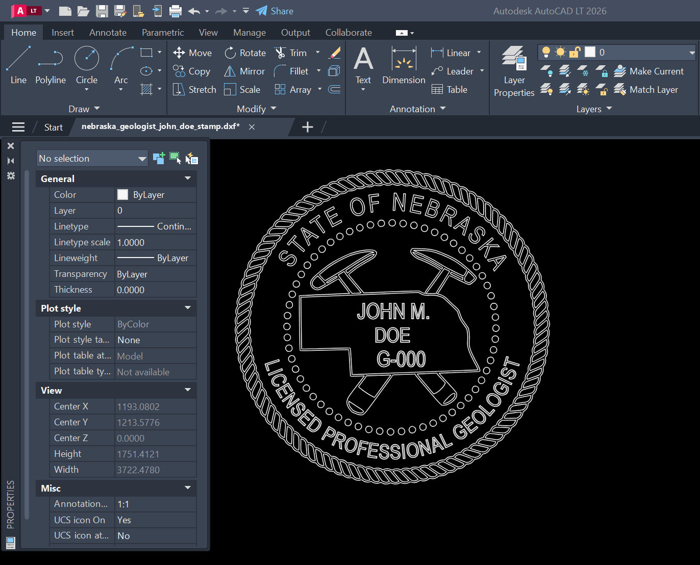 Nebraska Geologist stamp DXF opened in AutoCAD