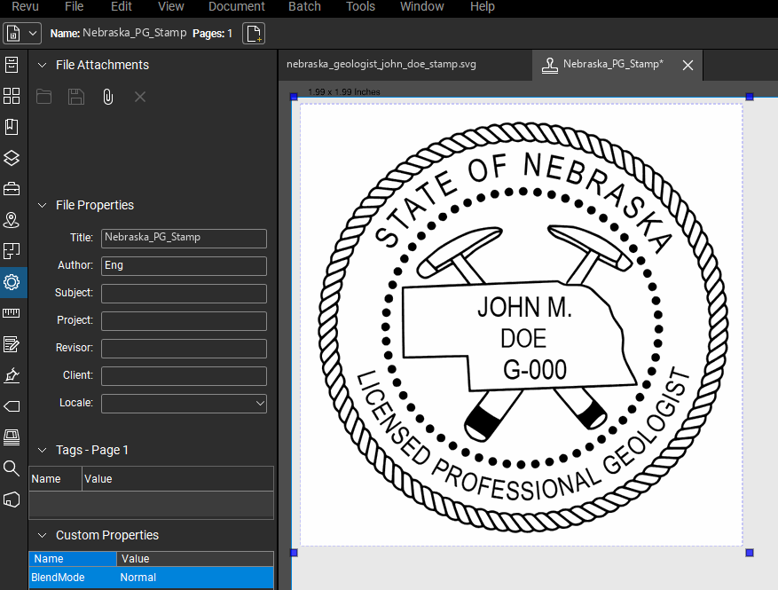Nebraska Geologist stamp applied to a PDF drawing in Bluebeam Revu