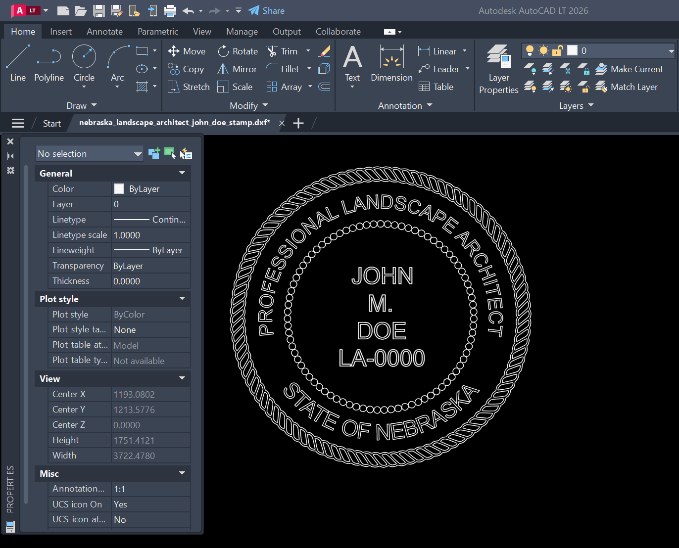 Nebraska Landscape Architect stamp DXF opened in AutoCAD