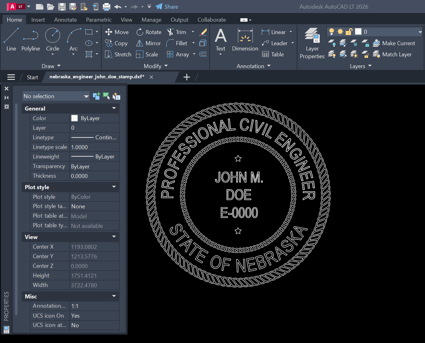 Nebraska PE stamp DXF opened in AutoCAD