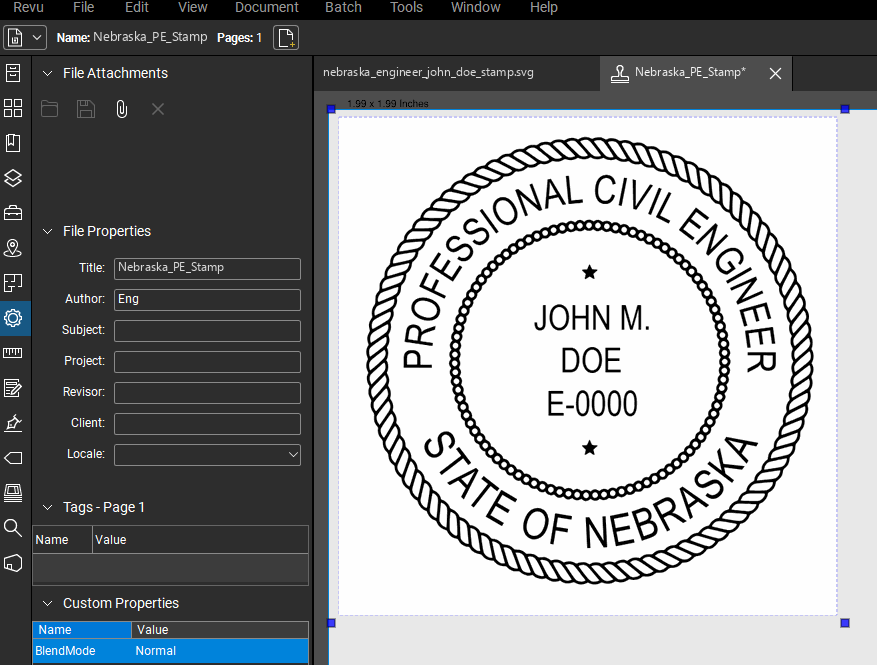 Nebraska PE stamp applied to a PDF drawing in Bluebeam Revu