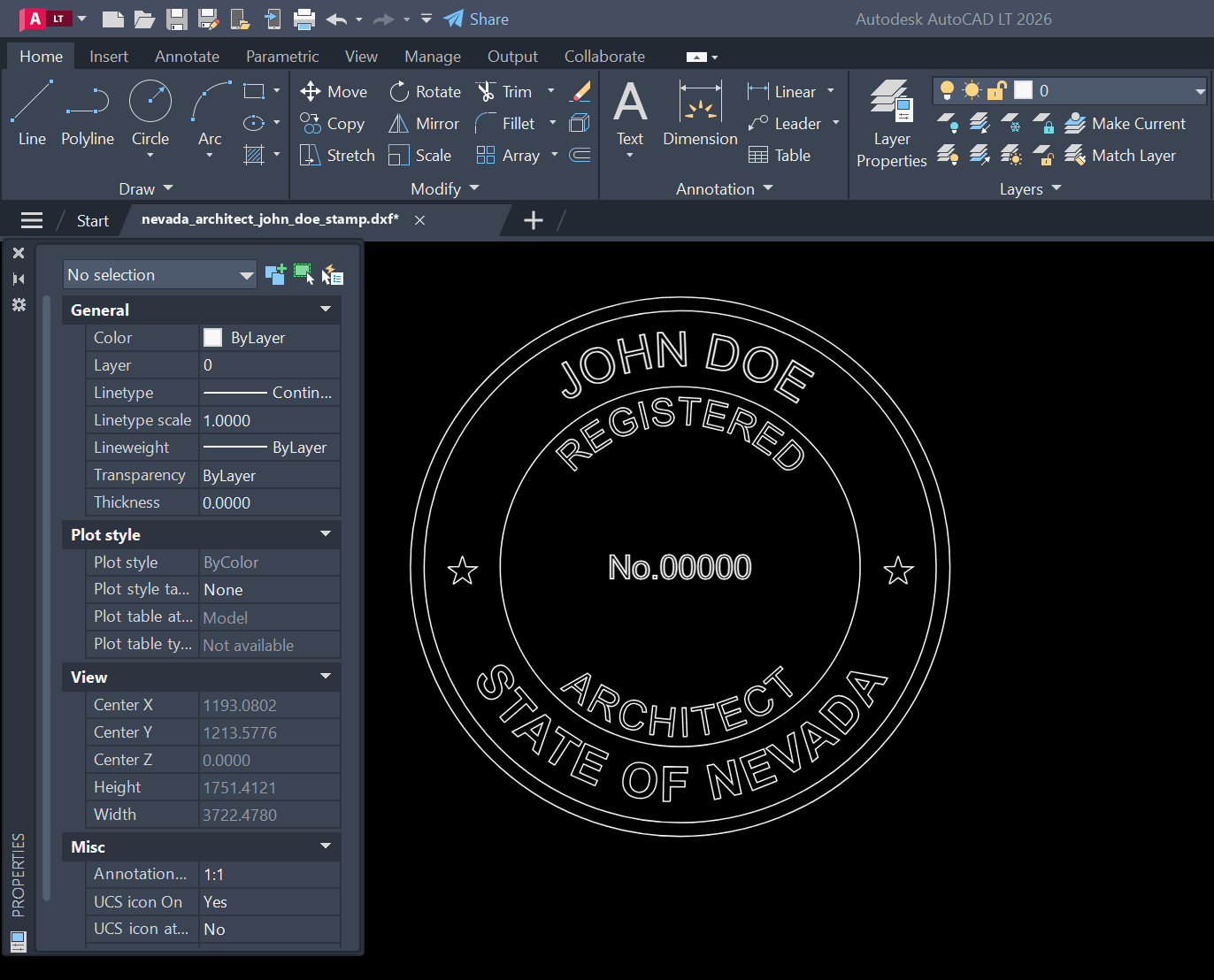 Nevada Architect stamp DXF opened in AutoCAD