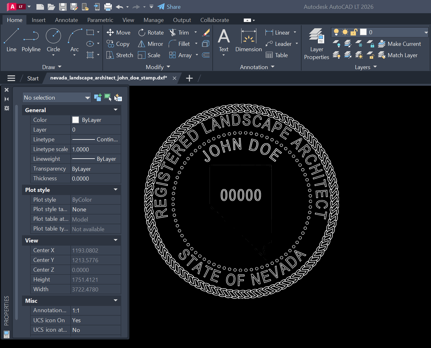 Nevada Landscape Architect stamp DXF opened in AutoCAD