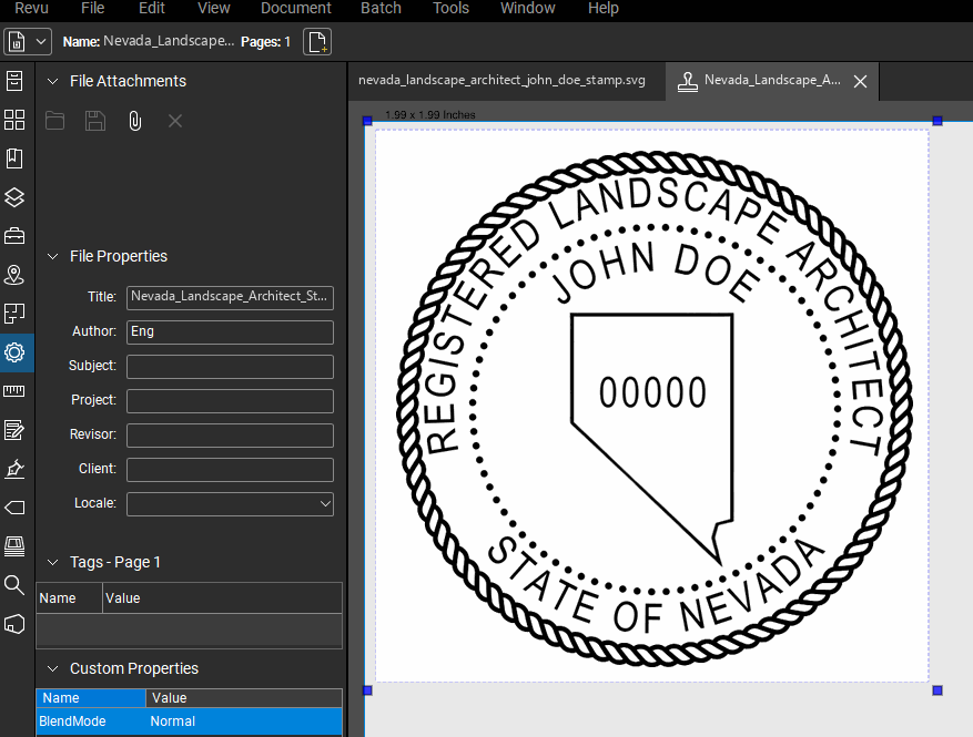 Nevada Landscape Architect stamp applied to a PDF drawing in Bluebeam Revu
