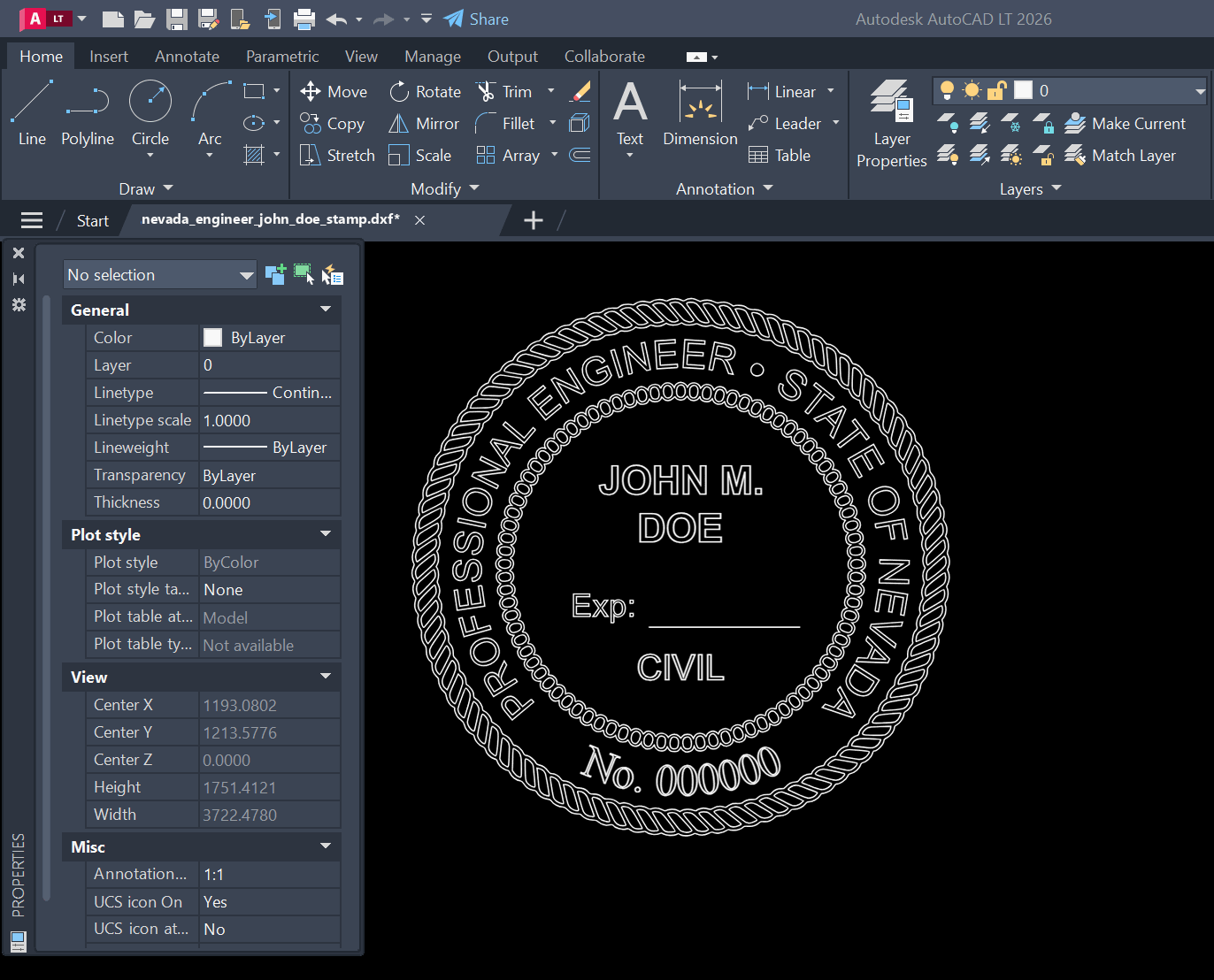 Nevada PE stamp DXF opened in AutoCAD