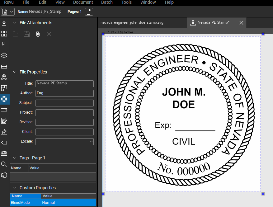 Nevada PE stamp applied to a PDF drawing in Bluebeam Revu