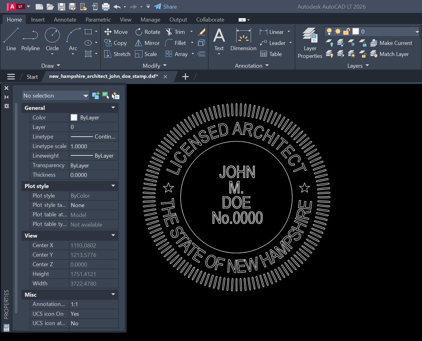 New Hampshire Architect stamp DXF opened in AutoCAD