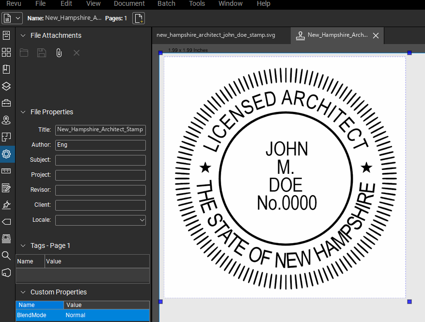 New Hampshire Architect stamp applied to a PDF drawing in Bluebeam Revu