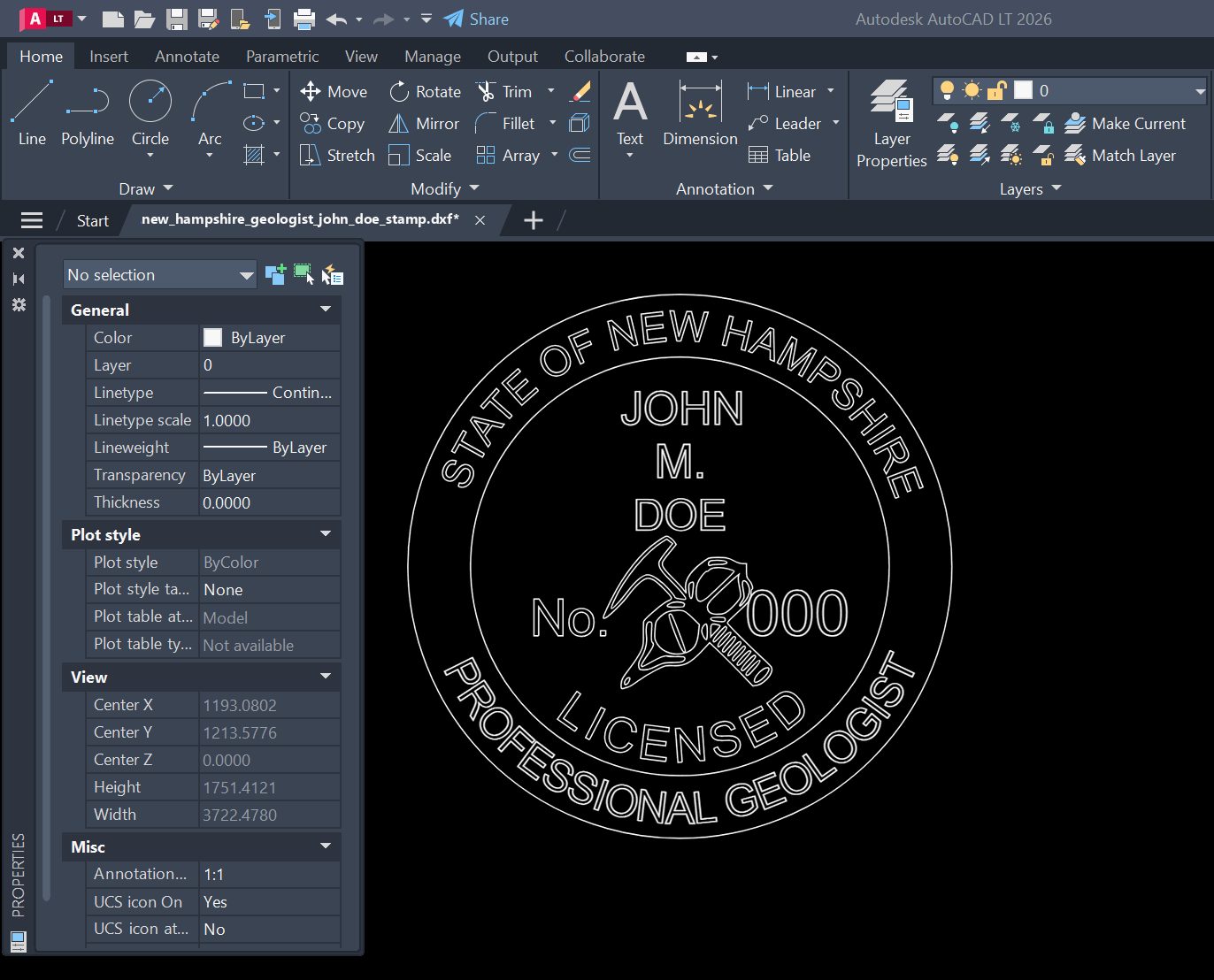 New Hampshire Geologist stamp DXF opened in AutoCAD