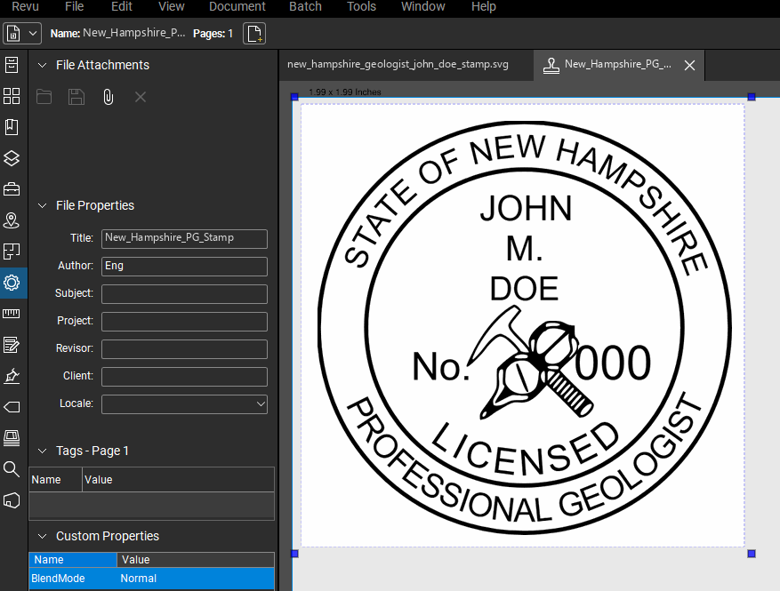 New Hampshire Geologist stamp applied to a PDF drawing in Bluebeam Revu