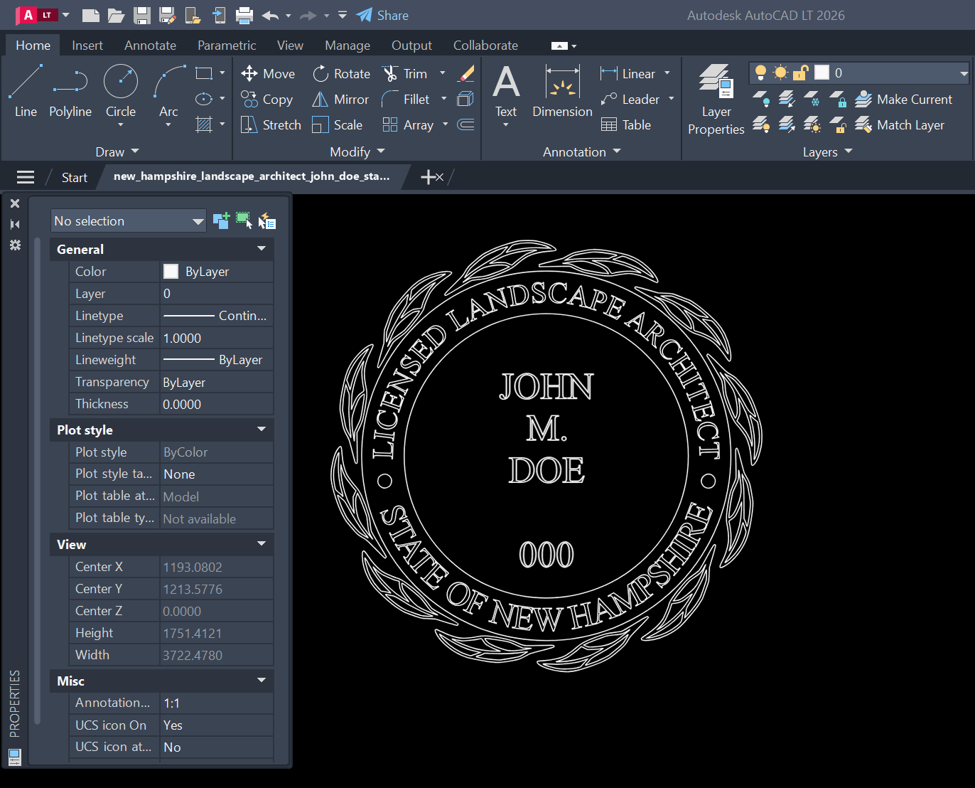 New Hampshire Landscape Architect stamp DXF opened in AutoCAD