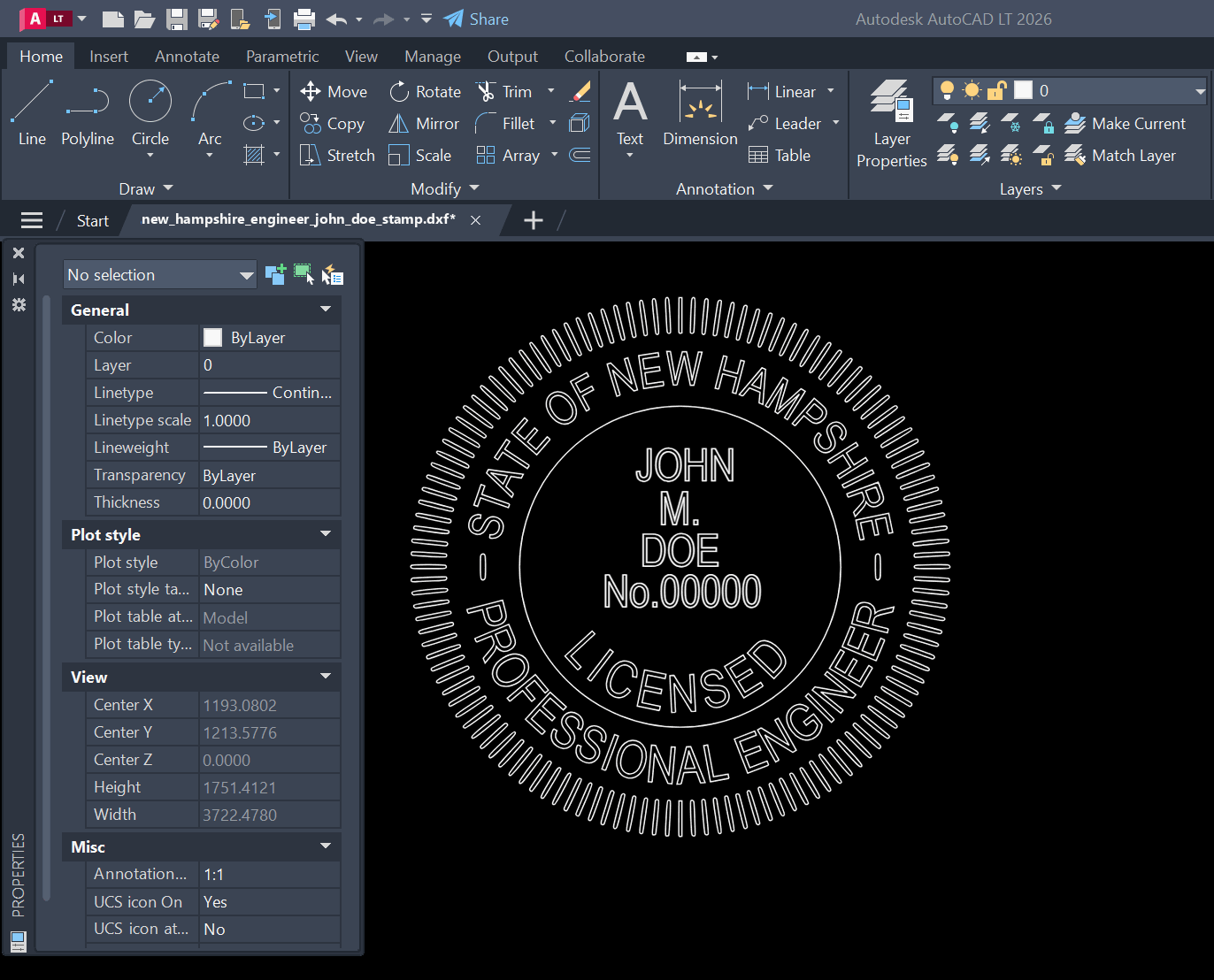 New Hampshire PE stamp DXF opened in AutoCAD