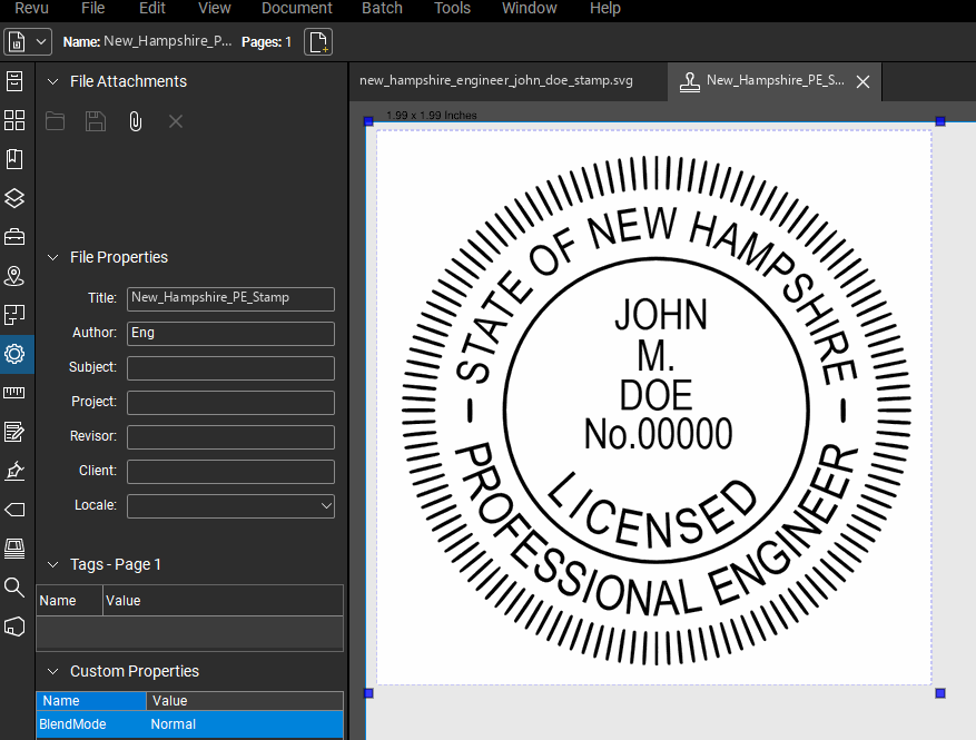 New Hampshire PE stamp applied to a PDF drawing in Bluebeam Revu