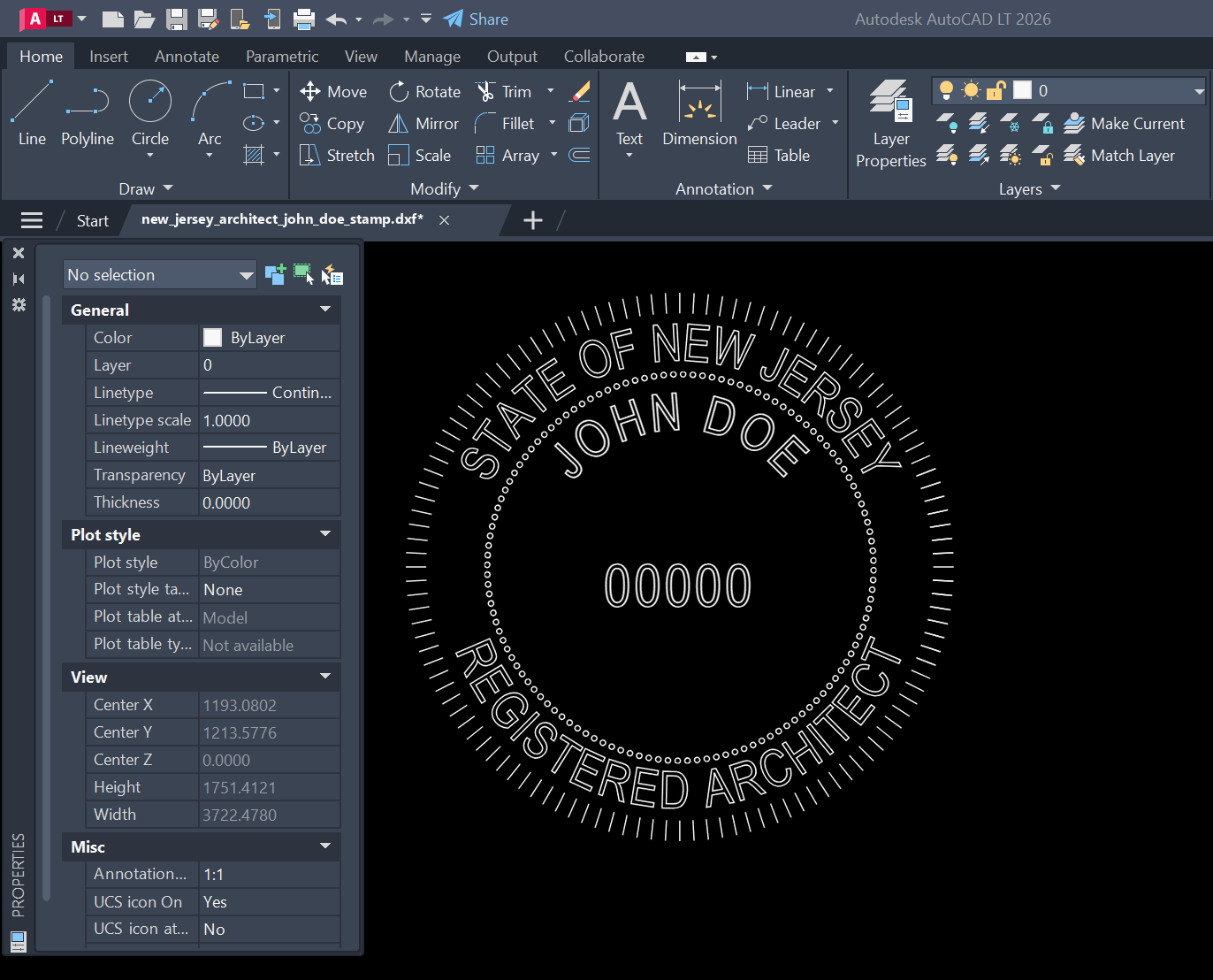 New Jersey Architect stamp DXF opened in AutoCAD