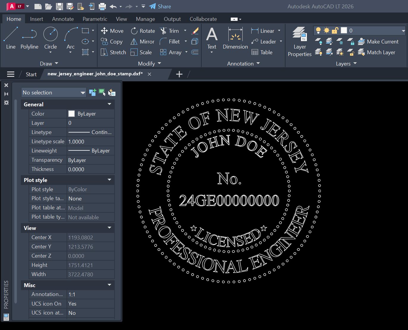 New Jersey PE stamp DXF opened in AutoCAD