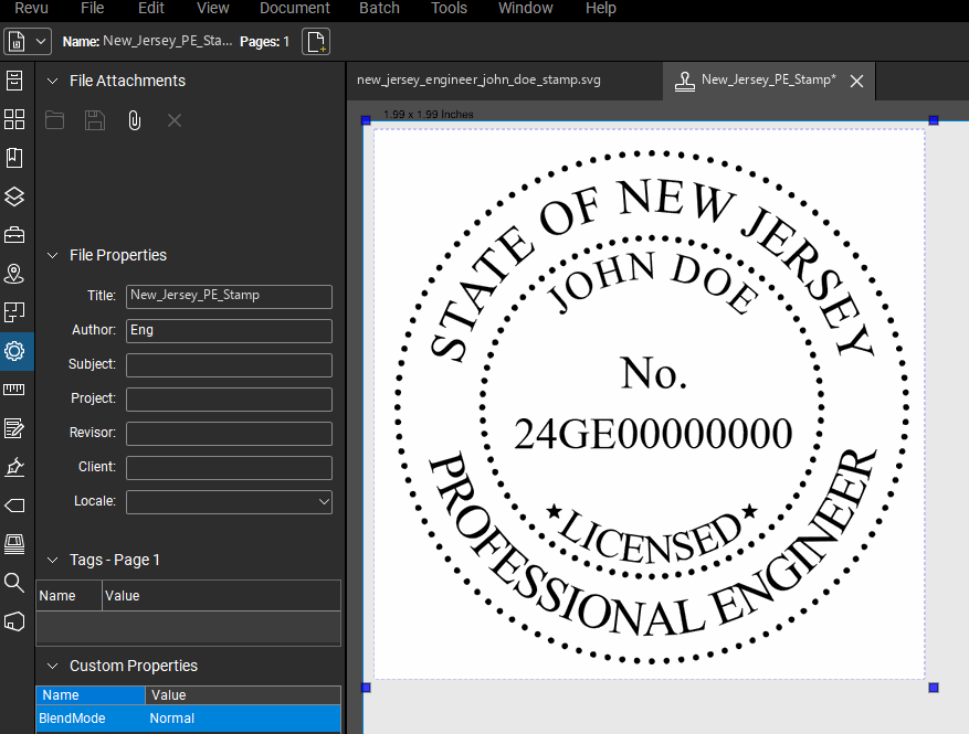New Jersey PE stamp applied to a PDF drawing in Bluebeam Revu