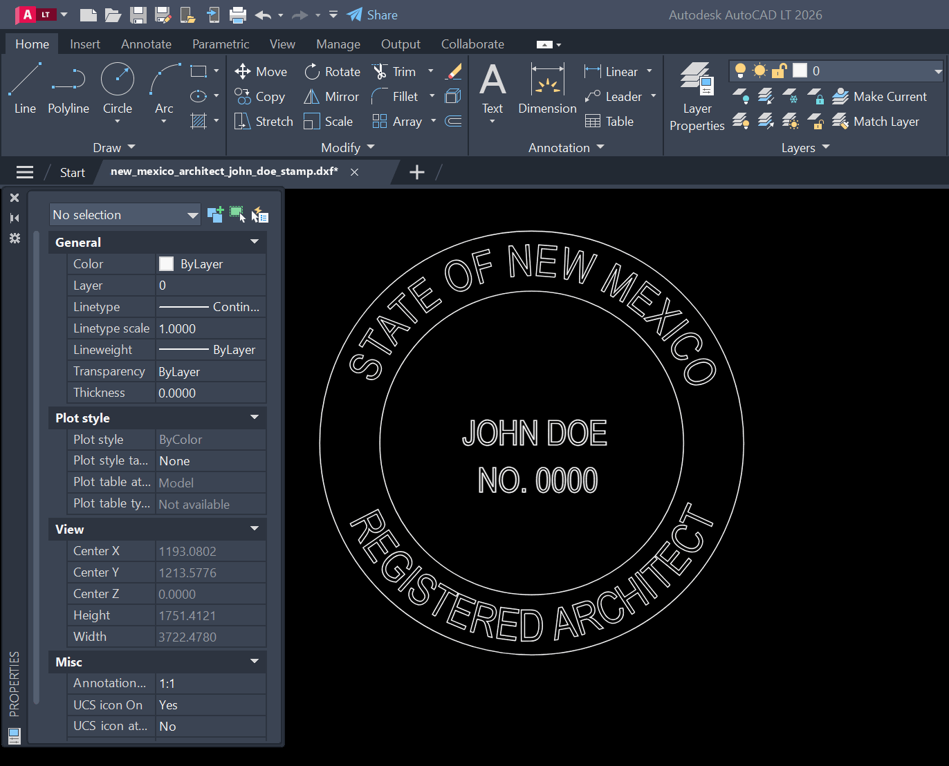 New Mexico Architect stamp DXF opened in AutoCAD