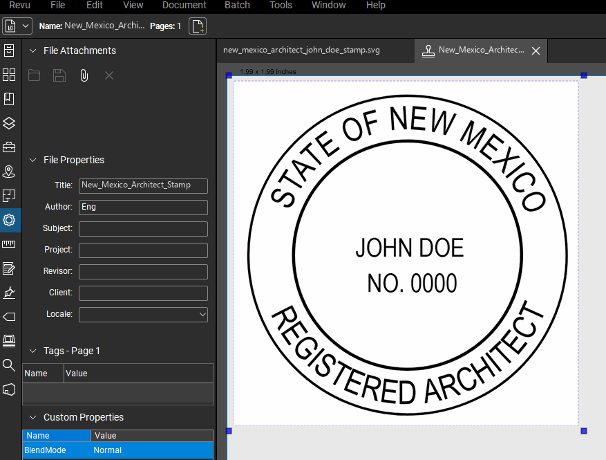 New Mexico Architect stamp applied to a PDF drawing in Bluebeam Revu