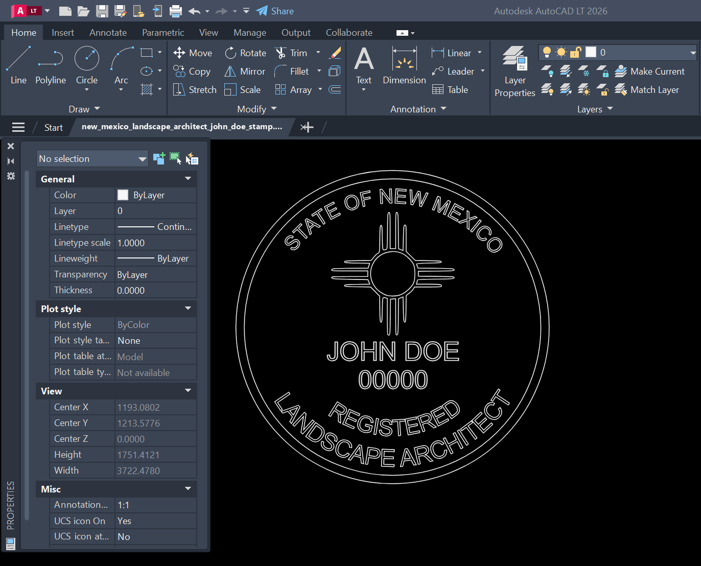 New Mexico Landscape Architect stamp DXF opened in AutoCAD