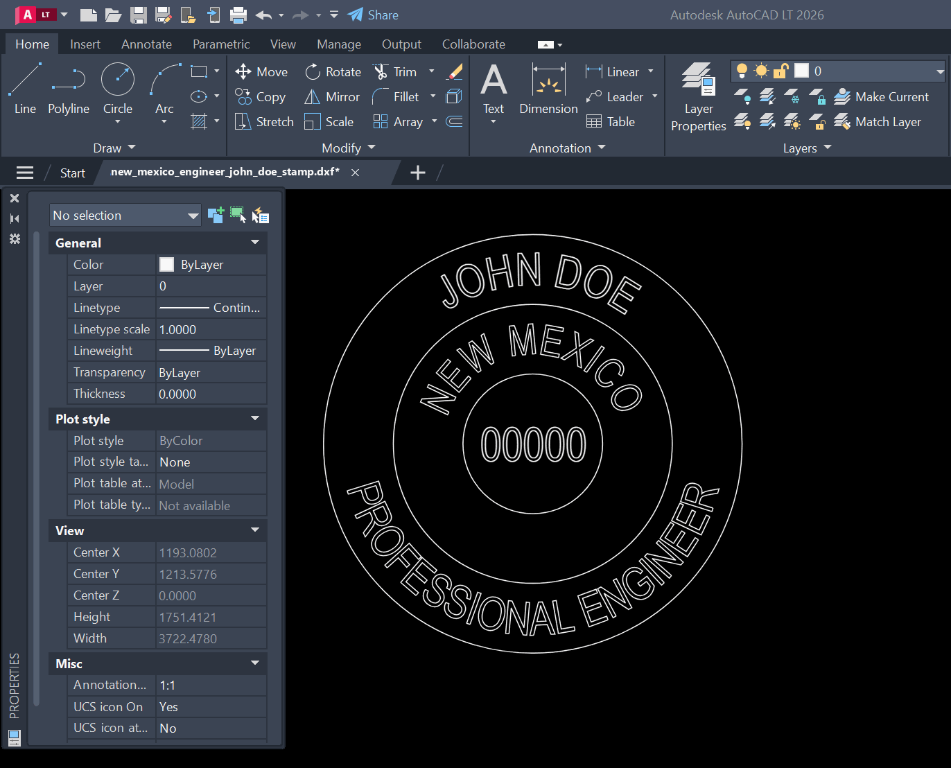 New Mexico PE stamp DXF opened in AutoCAD