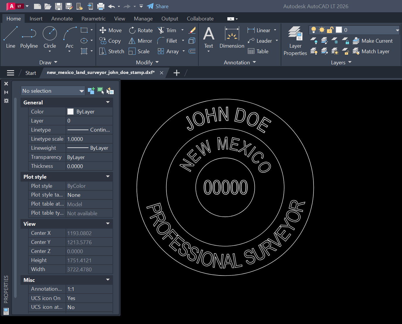 New Mexico Land Surveyor stamp DXF opened in AutoCAD
