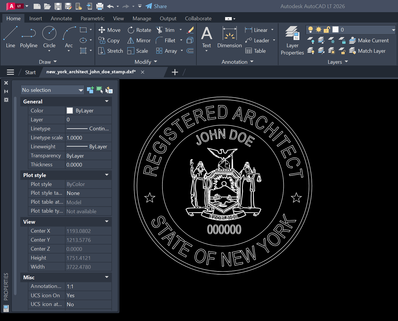 New York Architect stamp DXF opened in AutoCAD