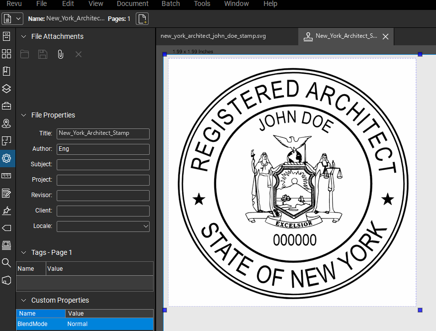 New York Architect stamp applied to a PDF drawing in Bluebeam Revu