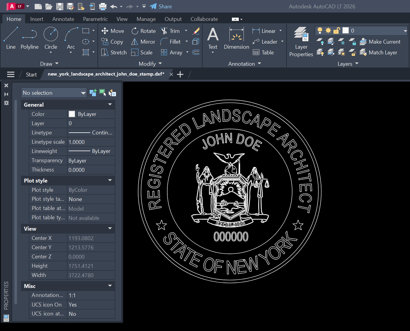 New York Landscape Architect stamp DXF opened in AutoCAD