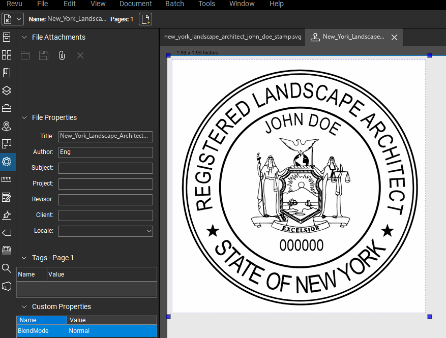 New York Landscape Architect stamp applied to a PDF drawing in Bluebeam Revu