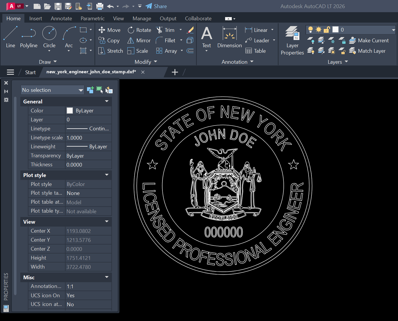 New York PE stamp DXF opened in AutoCAD