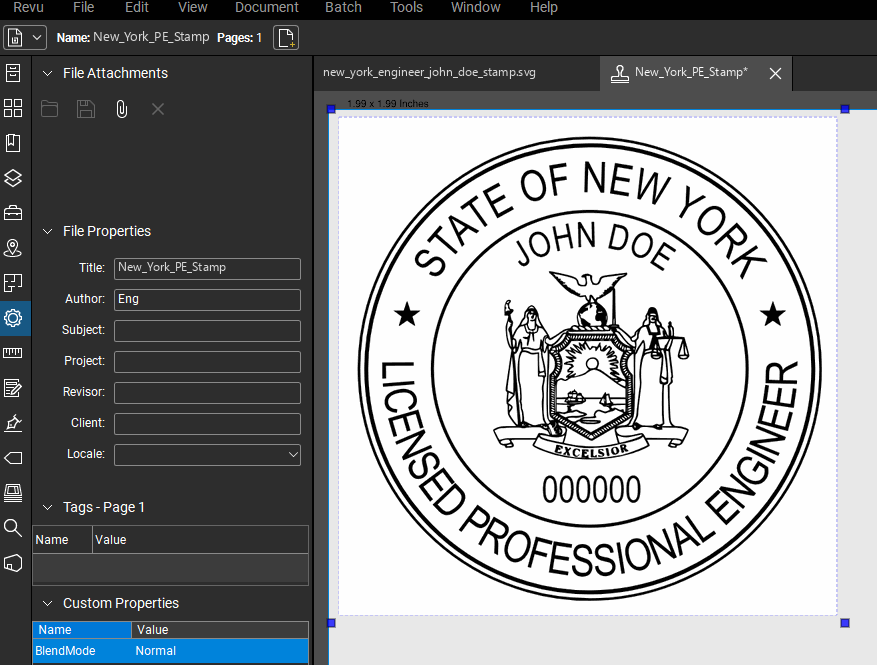 New York PE stamp applied to a PDF drawing in Bluebeam Revu