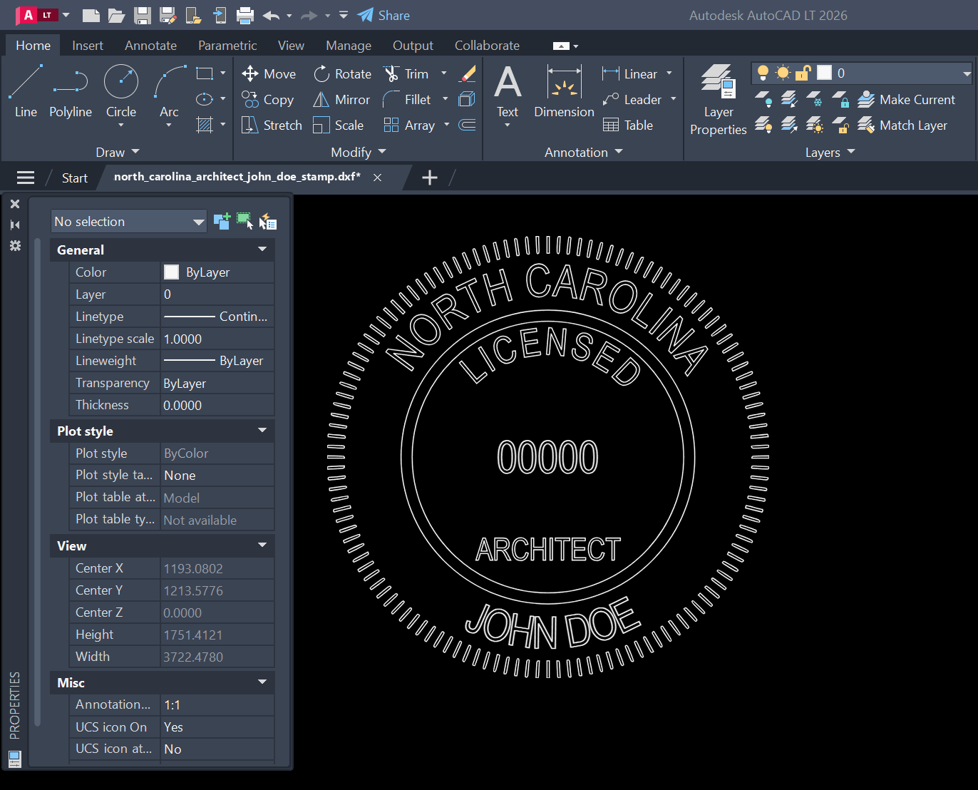 North Carolina Architect stamp DXF opened in AutoCAD