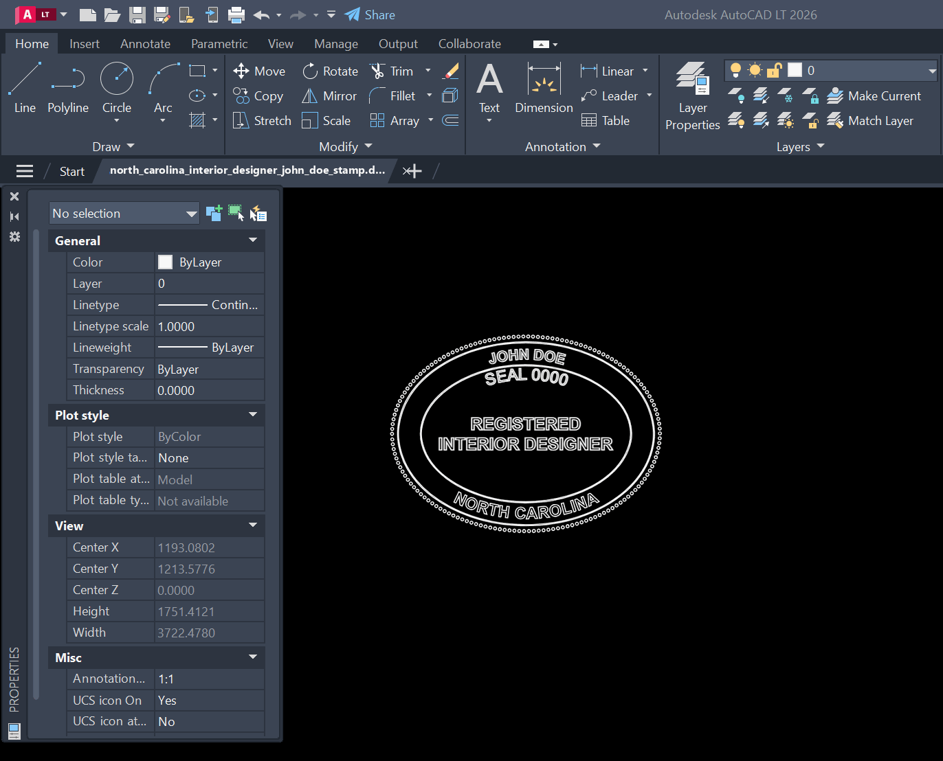 North Carolina Interior Designer stamp DXF opened in AutoCAD
