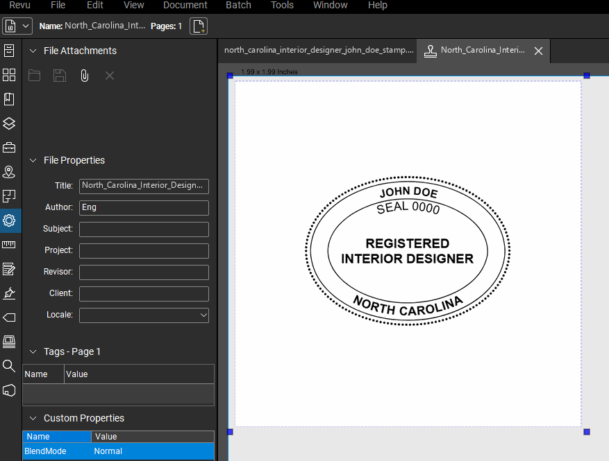 North Carolina Interior Designer stamp applied to a PDF drawing in Bluebeam Revu