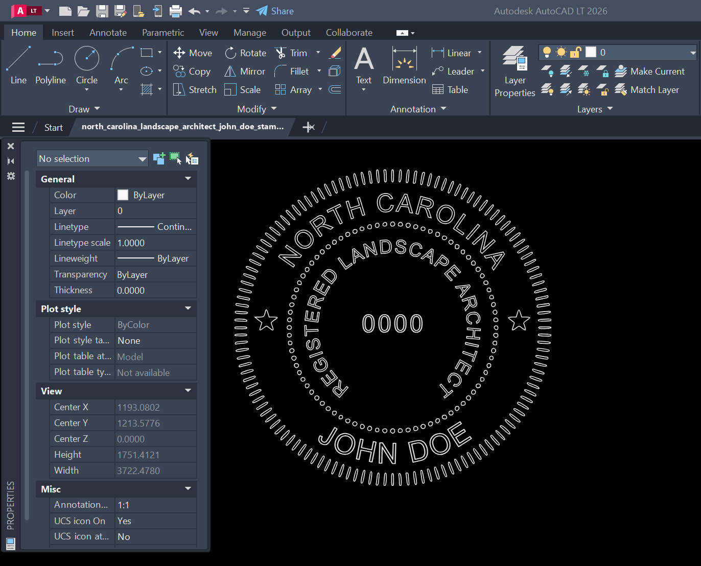 North Carolina Landscape Architect stamp DXF opened in AutoCAD