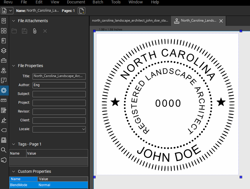 North Carolina Landscape Architect stamp applied to a PDF drawing in Bluebeam Revu