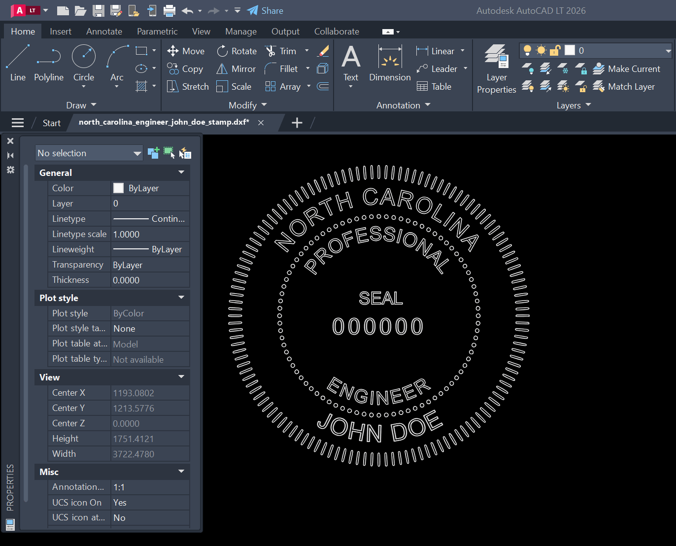 North Carolina PE stamp DXF opened in AutoCAD