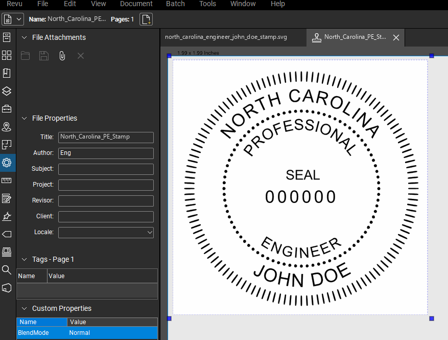 North Carolina PE stamp applied to a PDF drawing in Bluebeam Revu