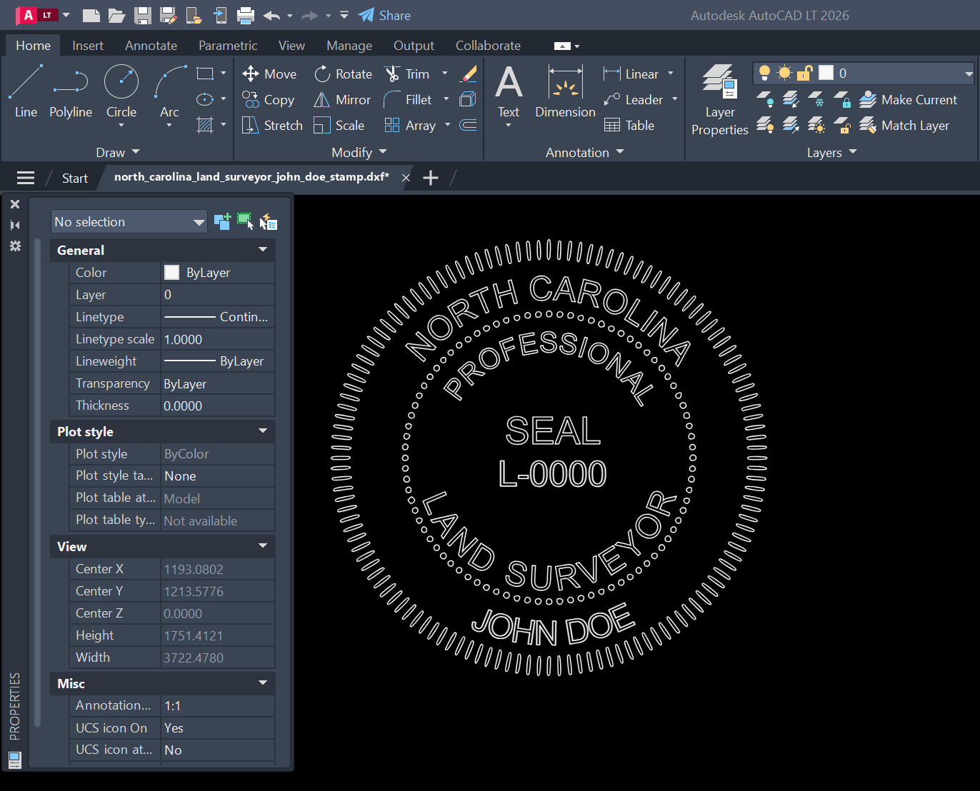 North Carolina Land Surveyor stamp DXF opened in AutoCAD