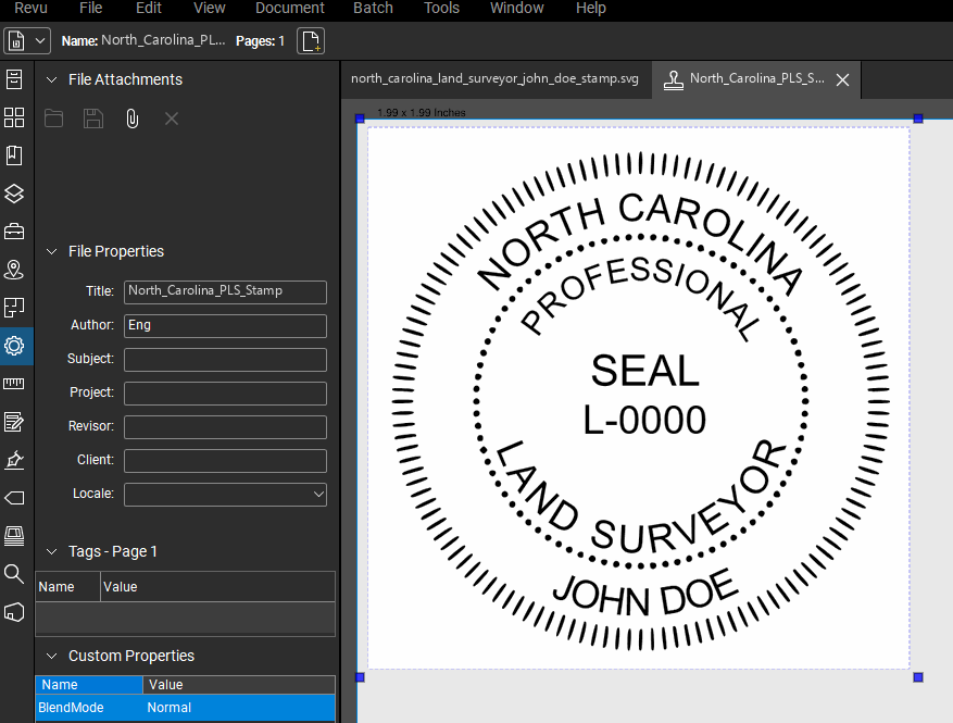 North Carolina Land Surveyor stamp applied to a PDF drawing in Bluebeam Revu