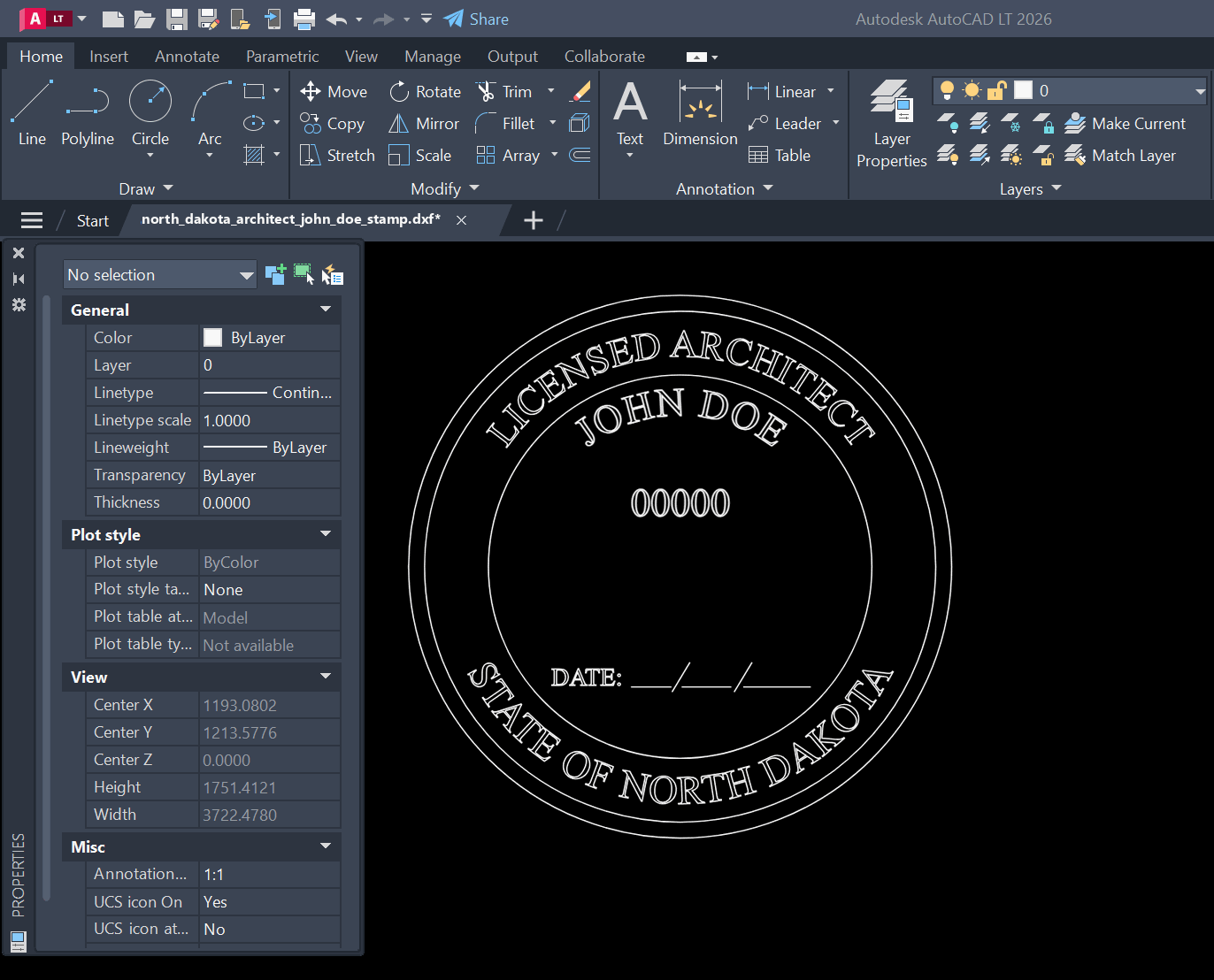 North Dakota Architect stamp DXF opened in AutoCAD
